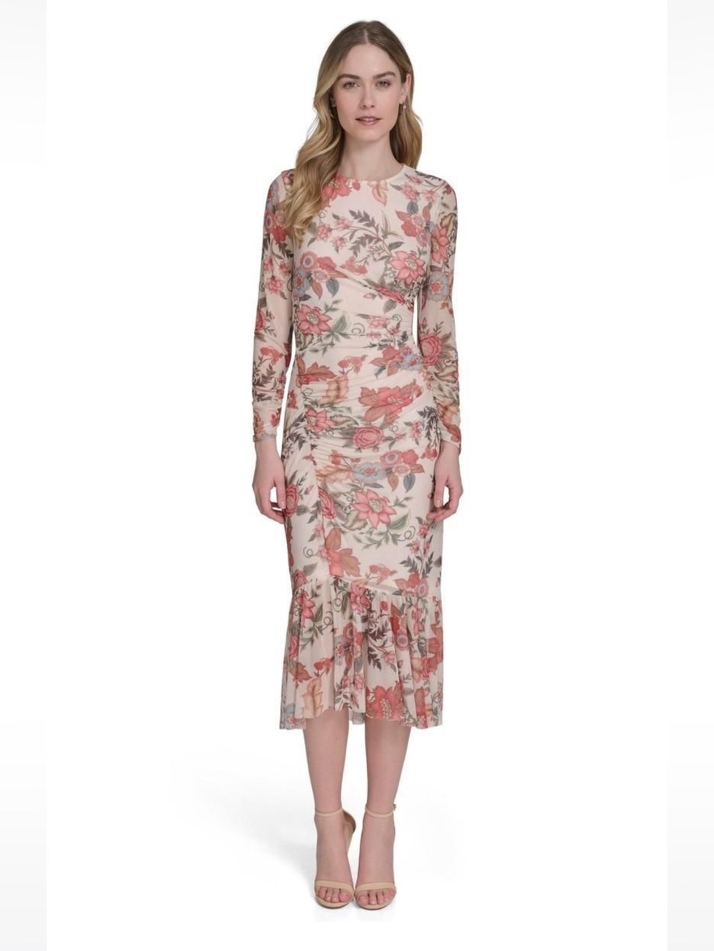Vince Camuto Cream Floral Long-Sleeve Midi Dress with Pink & Coral Blooms